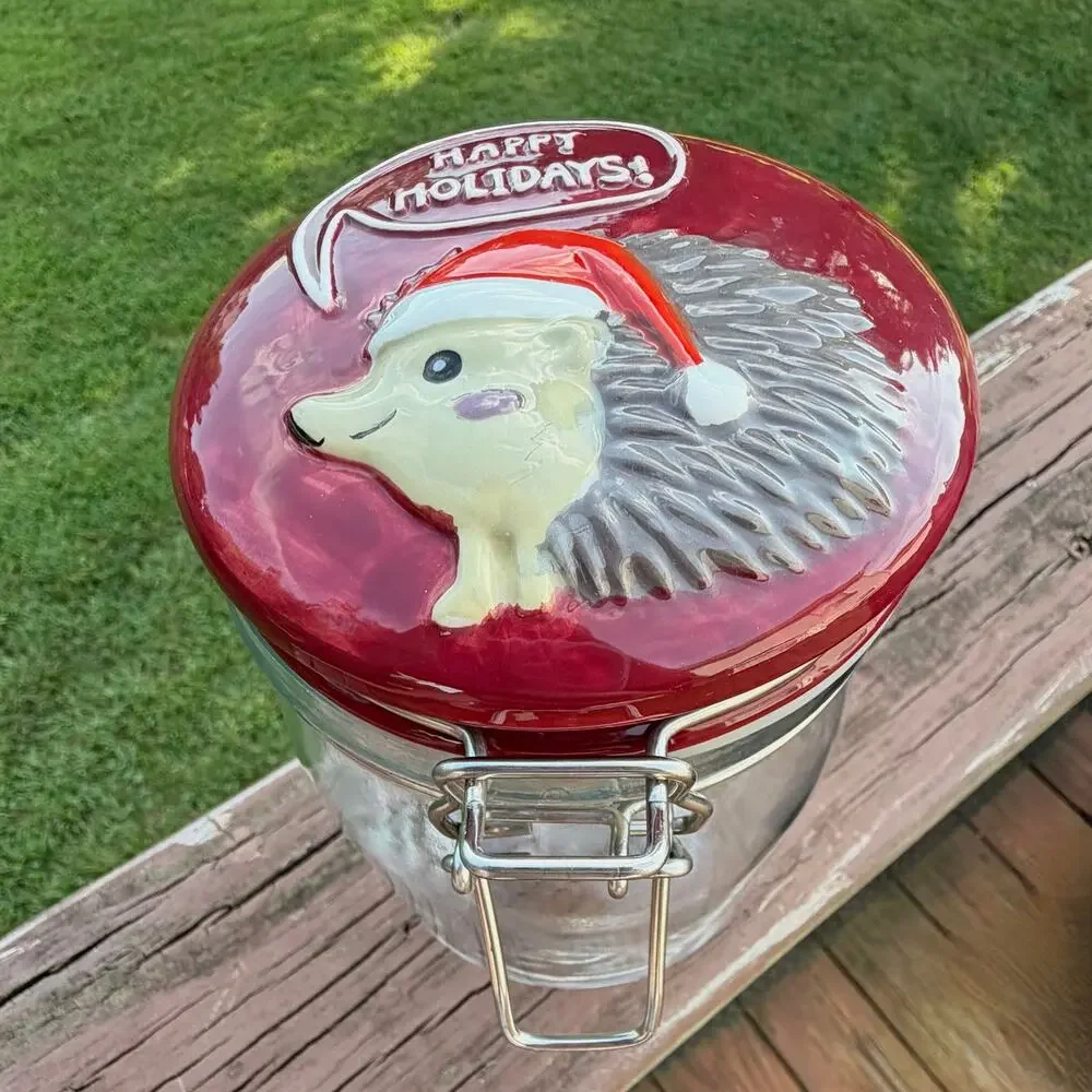 Christmas Hedgehog Glass Storage Cookie Candy Jar Canister Red Ceramic